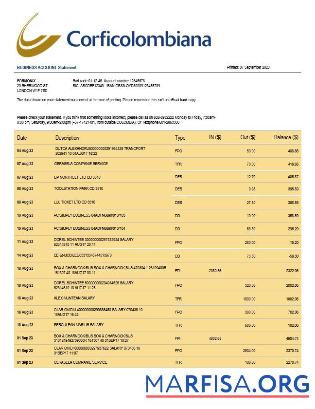 Printable Corficolombiana Bank business checking account statement Word and PDF template